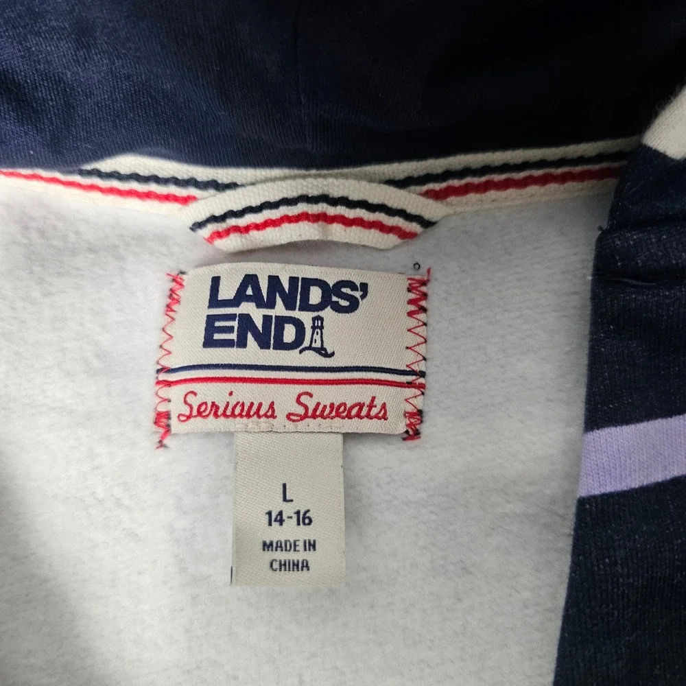 Lands End Serious Sweats Hooded Robe Womens L 14/16 Navy Striped Bathrobe Fleece